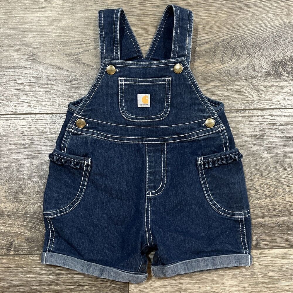Carhartt Girl Baby 9M Infant Blue Denim Short Bib Overalls Shortall Ruffle Snaps
